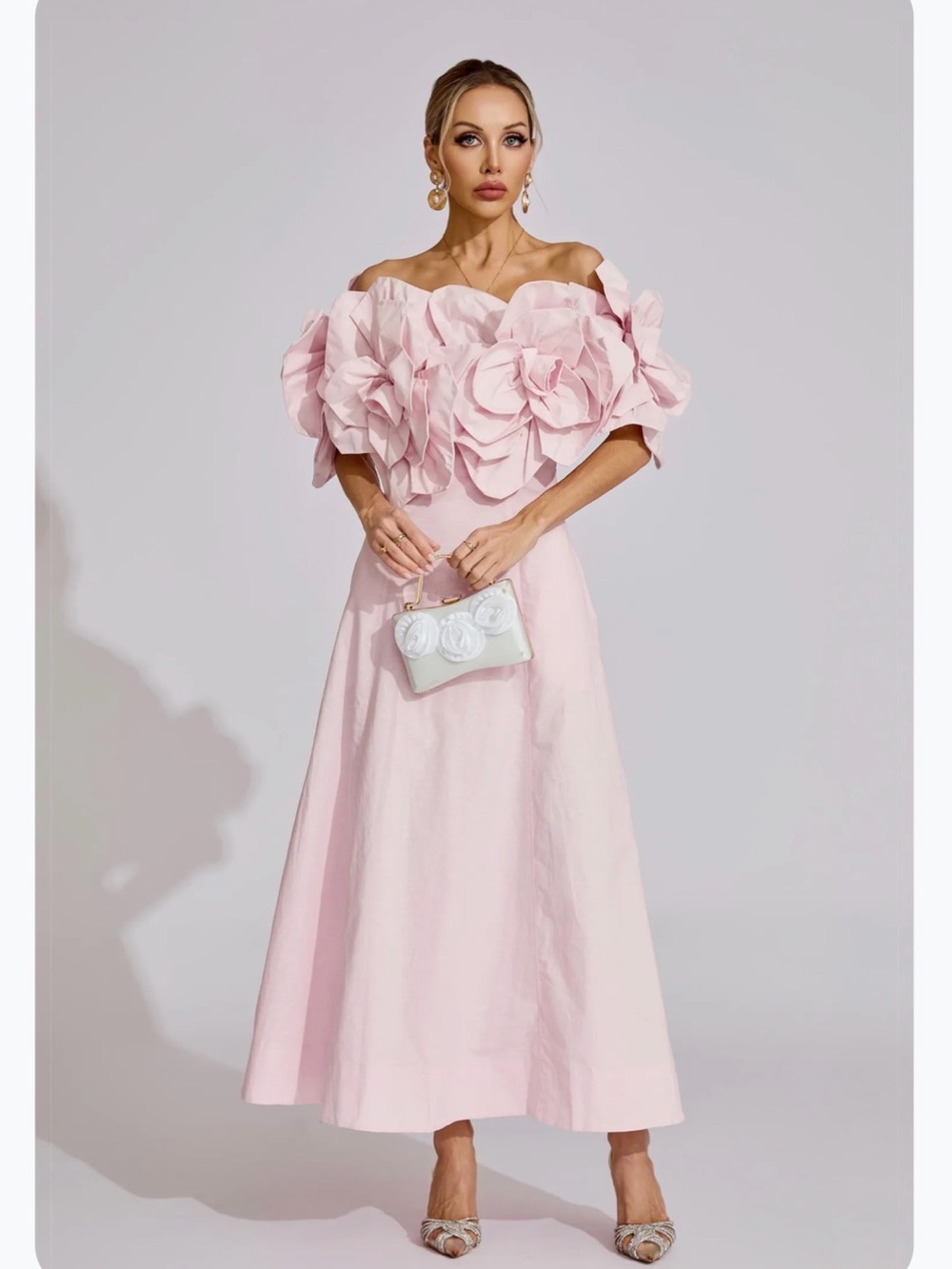 Off-Shoulder Pink Midi Skirt with Floral Appliqué Top